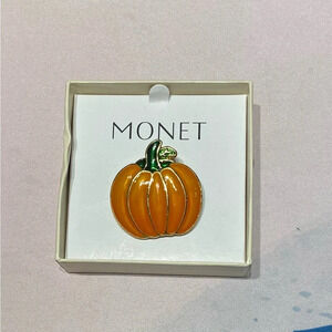 *Vintage in Box* Monet Stamped Enamel Pumpkin Brooch- Gold Tone